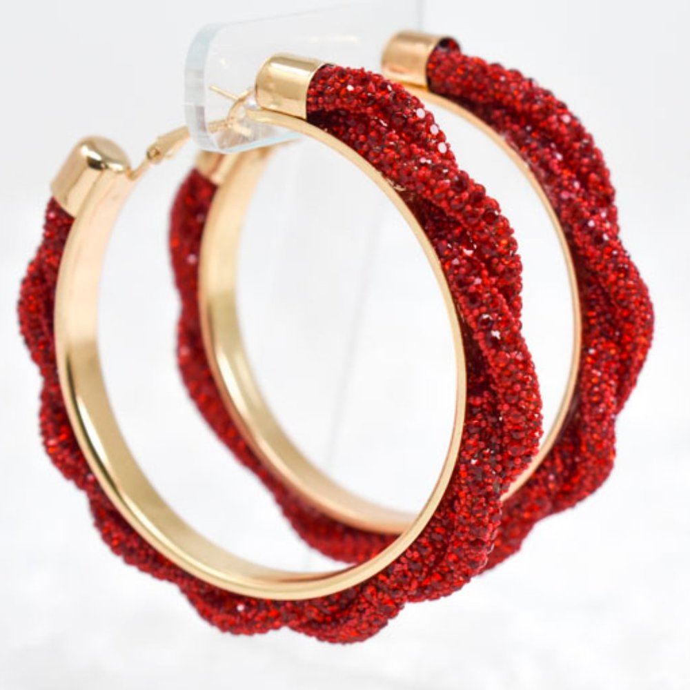 3" Boho Braid Twist Red Rhinestone Hoop Earrings